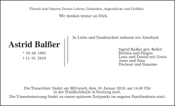 Traueranzeige von Astrid Balßer von Giessener Allgemeine, Alsfelder Allgemeine