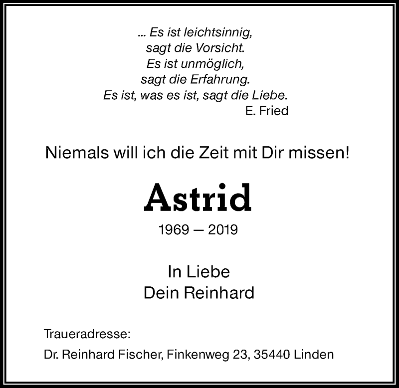  Traueranzeige für Astrid Datz vom 12.01.2019 aus Giessener Allgemeine, Alsfelder Allgemeine