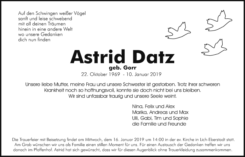  Traueranzeige für Astrid Datz vom 12.01.2019 aus Giessener Allgemeine, Alsfelder Allgemeine