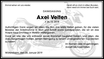 Traueranzeige von Axel Velten von Wetterauer Zeitung, Wetterauer Zeitung