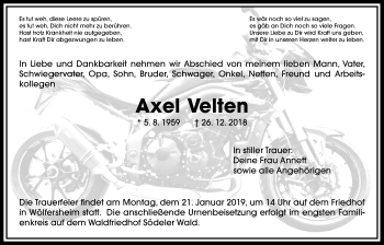 Traueranzeige von Axel Velten von Wetterauer Zeitung, Wetterauer Zeitung