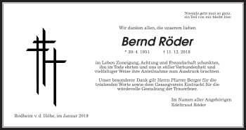 Traueranzeige von Bernd Röder von Wetterauer Zeitung, Wetterauer Zeitung