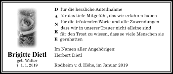Traueranzeige von Brigitte Dietl von Wetterauer Zeitung, Wetterauer Zeitung