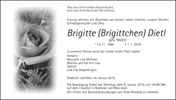 Traueranzeige von Brigitte Dietl von Wetterauer Zeitung, Wetterauer Zeitung
