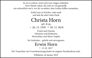 Traueranzeige von Christa Horn von Giessener Allgemeine, Alsfelder Allgemeine