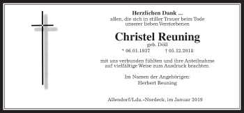 Traueranzeige von Christel Reuning von Giessener Allgemeine, Alsfelder Allgemeine