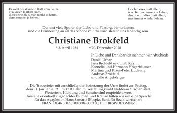 Traueranzeige von Christiane Brokfeld von Wetterauer Zeitung, Wetterauer Zeitung