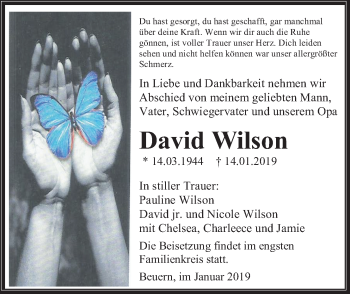 Traueranzeige von David Wilson von Giessener Allgemeine, Alsfelder Allgemeine