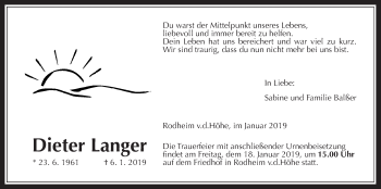 Traueranzeige von Dieter Langer von Wetterauer Zeitung, Wetterauer Zeitung