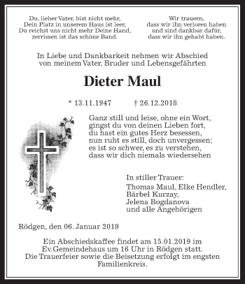 Traueranzeige von Dieter Maul von Wetterauer Zeitung, Wetterauer Zeitung