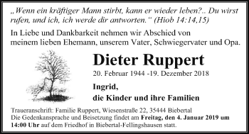 Traueranzeige von Dieter Ruppert von Wetterauer Zeitung, Wetterauer Zeitung, Giessener Allgemeine, Alsfelder Allgemeine