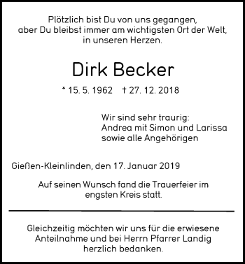Traueranzeige von Dirk Becker von Alsfelder Allgemeine, Giessener Allgemeine