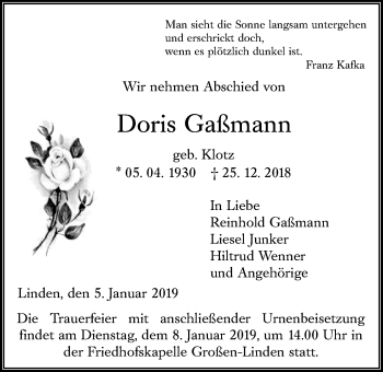 Traueranzeige von Doris Gaßmann von Giessener Allgemeine, Alsfelder Allgemeine