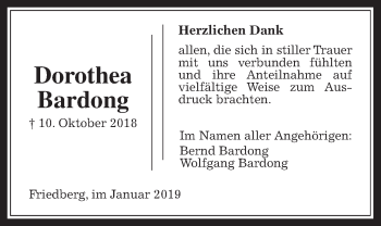 Traueranzeige von Dorothea Bardong von Wetterauer Zeitung, Wetterauer Zeitung