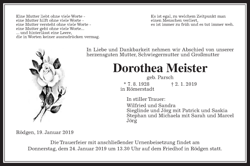  Traueranzeige für Dorothea Meister vom 19.01.2019 aus Wetterauer Zeitung, Wetterauer Zeitung