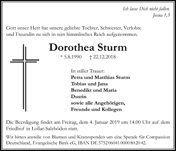 Traueranzeige von Dorothea Sturm von Giessener Allgemeine, Alsfelder Allgemeine