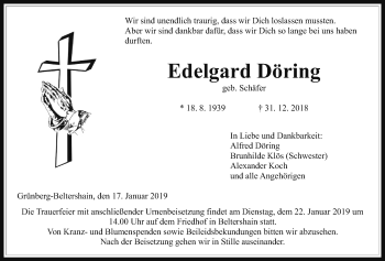 Traueranzeige von Edelgard Döring von Alsfelder Allgemeine, Giessener Allgemeine, Heimatzeitung Grünberg + Laubach