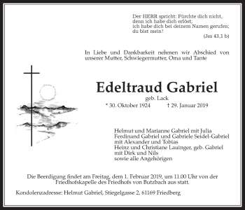 Traueranzeige von Edeltraud Gabriel von Wetterauer Zeitung, Wetterauer Zeitung, Giessener Allgemeine, Alsfelder Allgemeine