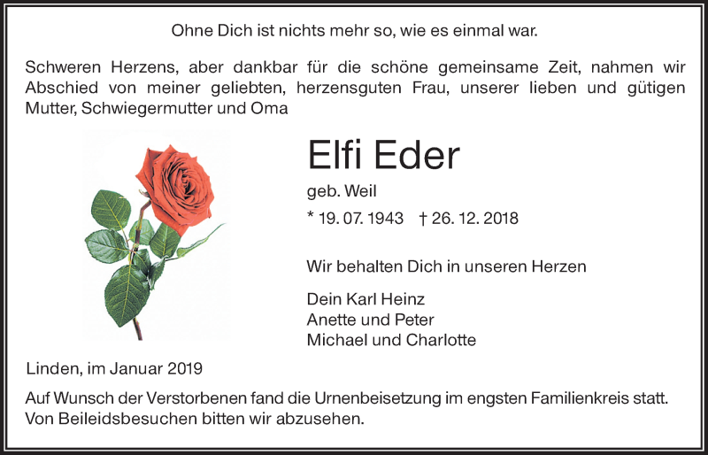  Traueranzeige für Elfi Eder vom 10.01.2019 aus Giessener Allgemeine, Alsfelder Allgemeine