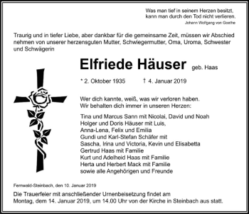 Traueranzeige von Elfriede Häuser von Giessener Allgemeine, Alsfelder Allgemeine