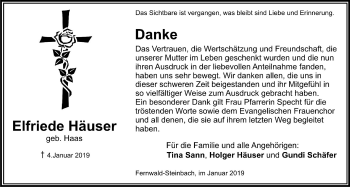 Traueranzeige von Elfriede Häuser von Giessener Allgemeine, Alsfelder Allgemeine