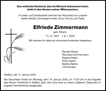 Traueranzeige von Elfriede Zimmermann von Giessener Allgemeine, Alsfelder Allgemeine