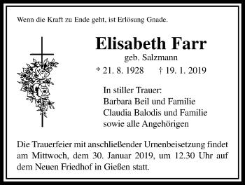 Traueranzeige von Elisabeth Farr von Giessener Allgemeine, Alsfelder Allgemeine
