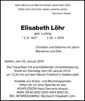 Traueranzeige von Elisabeth Löhr von Giessener Allgemeine, Alsfelder Allgemeine