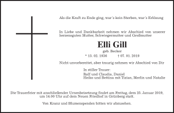 Traueranzeige von Elli Gill von Giessener Allgemeine, Alsfelder Allgemeine