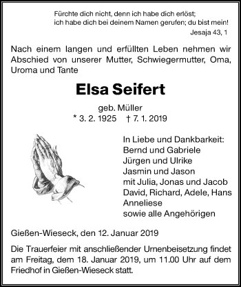 Traueranzeige von Elsa Seifert von Giessener Allgemeine, Alsfelder Allgemeine
