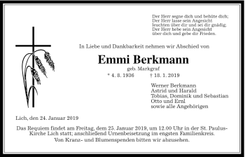 Traueranzeige von Emmi Berkmann von Licher Wochenblatt, Licher Wochenblatt, Licher Wochenblatt
