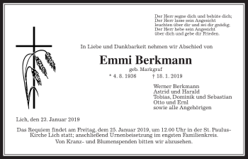 Traueranzeige von Emmi Berkmann von Giessener Allgemeine, Alsfelder Allgemeine