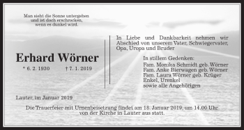 Traueranzeige von Erhard Wörner von Heimatzeitung Grünberg + Laubach