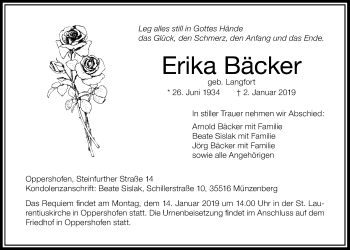 Traueranzeige von Erika Bäcker von Wetterauer Zeitung, Wetterauer Zeitung