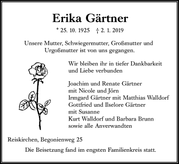 Traueranzeige von Erika Gärtner von Giessener Allgemeine, Alsfelder Allgemeine