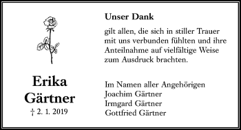 Traueranzeige von Erika Gärtner von Giessener Allgemeine, Alsfelder Allgemeine