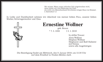 Traueranzeige von Ernestine Wollner von Wetterauer Zeitung, Wetterauer Zeitung