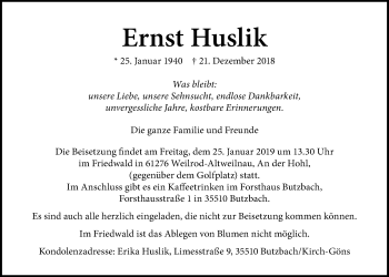 Traueranzeige von Ernst Huslik von Wetterauer Zeitung, Wetterauer Zeitung