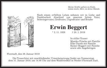 Traueranzeige von Erwin Beggert von Wetterauer Zeitung, Wetterauer Zeitung