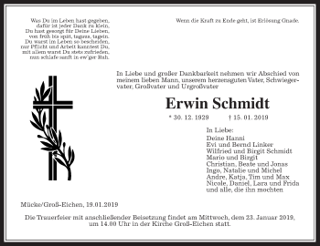 Traueranzeige von Erwin Schmidt von Giessener Allgemeine, Alsfelder Allgemeine