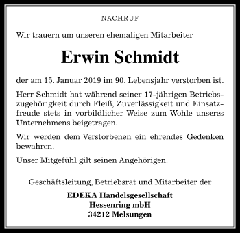 Traueranzeige von Erwin Schmidt von Giessener Allgemeine, Alsfelder Allgemeine
