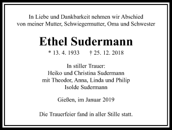 Traueranzeige von Ethel Sudermann von Giessener Allgemeine, Alsfelder Allgemeine