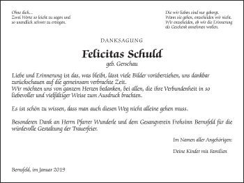 Traueranzeige von Felicitas Schuld von Alsfelder Allgemeine