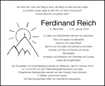 Traueranzeige von Ferdinand Reich von Wetterauer Zeitung, Wetterauer Zeitung