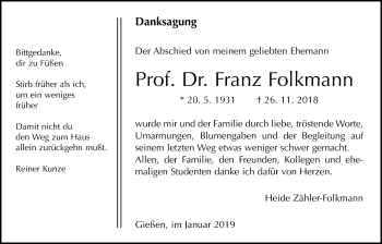 Traueranzeige von Franz Folkmann von Giessener Allgemeine, Alsfelder Allgemeine