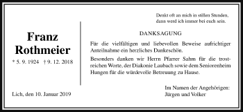 Traueranzeige von Franz Rothmeier von Licher Wochenblatt, Licher Wochenblatt, Licher Wochenblatt