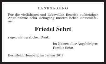 Traueranzeige von Friedel Sehrt von Giessener Allgemeine, Alsfelder Allgemeine