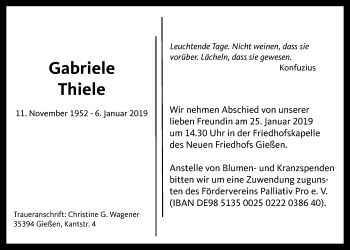 Traueranzeige von Gabriele Thiele von Giessener Allgemeine, Alsfelder Allgemeine