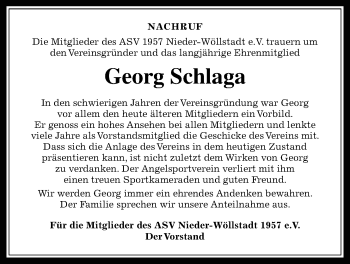 Traueranzeige von Georg Schlaga von Wetterauer Zeitung, Wetterauer Zeitung