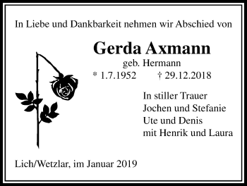Traueranzeige von Gerda Axmann von Licher Wochenblatt, Licher Wochenblatt, Licher Wochenblatt